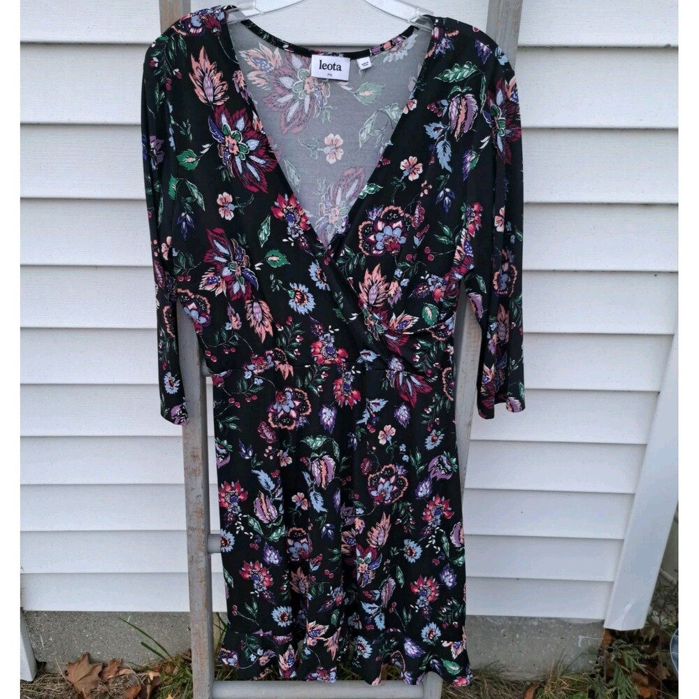 Leota Petite XL Wrap Dress Floral Flower Black Vneck Midi 3/4 Sleeve Women's